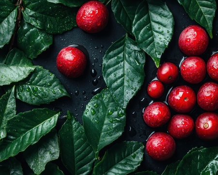 Witness the vibrant beauty of agriculture in this close-up Rain-soaked coffee berries, glistening red jewels, adorn lush green branches This visual feast showcases nature's bounty and the precious yield of the coffee plant Explore the journey from farm to cup, highlighting the hard work and raw, delicate nature of farming AI Generativeの素材