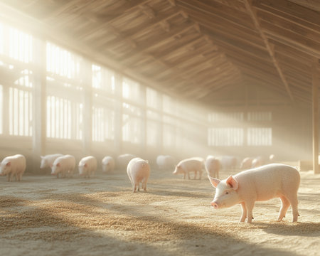 Step into a modern, spacious organic swine farm Witness thriving pigs in clean, open facilities bathed in natural light This scene showcases sustainable agriculture, prioritizing humane animal care and ethical management See the balance of technology and nature, where animal welfare is paramount, through bright, spacious imagery AI Generativeの素材