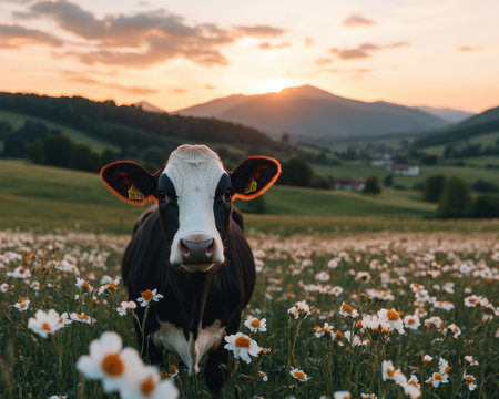 Golden light bathes peaceful cows grazing in a lush, sustainable pasture This dynamic image showcases renewable farming, ethical dairy practices, and animal welfare Observe nature's beauty and learn the benefits of supporting sustainable agriculture It's a hopeful vision for a greener planet AI Generativeの素材