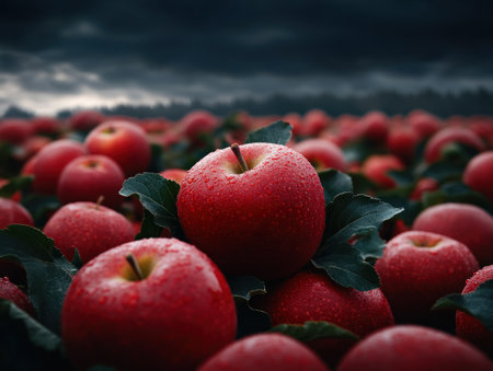 Immerse yourself in a vibrant fruit orchard at peak harvest Deep red, dew-kissed apples glisten, showcasing nature's abundance This scene captures a bountiful yield of cash crops, ripe and ready for picking Explore the beauty of agriculture, a testament to hard work and a fruitful harvest, promising sweet, juicy flavors AI Generativeの素材