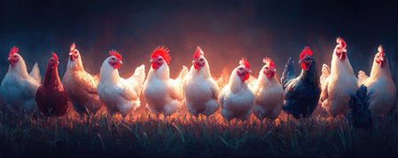 Immerse yourself in this captivating image of a vibrant poultry farm See chickens grazing freely amidst lush organic crops, bathed in sunlight Witness healthy, free-range birds foraging naturally on this picturesque landscape This scene embodies sustainable agriculture, where animal well-being and harmonious farming practices flourish AI Generativeの素材