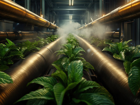 This image showcases cutting-edge industrial farming technology, emphasizing sustainable water use for cash crops It highlights innovative agricultural methods, resource management optimization, and modern horticultural practices within controlled environments The focus is on maximizing yields and water conservation through technology, contributing to global food security via innovative systems AI Generativeの素材