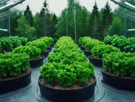 Step into the future of farming in this high-tech greenhouse Witness vertical farming, hydroponics, and automated systems cultivating cash crops with precision Explore how controlled environments and sustainable practices revolutionize food production See lush, green vegetables thriving in this innovative, climate-controlled farm, showcasing modern agriculture's cutting-edge technology AI Generativeの素材