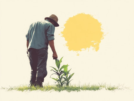 Observe a farmer's minimalist approach to sustainable agriculture This image highlights innovation and ecological harmony, where simple methods nurture crops with resource efficiency Witness the beauty of minimalism in farming, a vision for a better, more sustainable future through mindful practices AI Generativeの素材