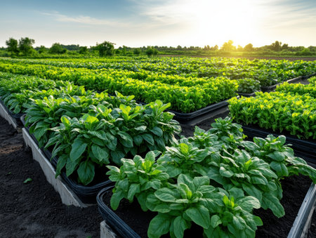 Discover the beauty of sustainable farming! This sunlit scene showcases diverse rotating crops, fostering biodiversity and healthy soil This strategic method boosts yields, reduces pests, and embodies environmental responsibility Experience the innovation of varied agriculture in action AI Generativeの素材