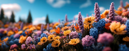 Sunlight bathes a vibrant field of cash crops, their colorful blooms a striking contrast against the clear blue sky Wheat stalks sway gently, creating a picturesque scene of agricultural beauty This idyllic landscape showcases the harmony between cultivation and nature's splendor, a truly breathtaking view of serene artistry AI Generativeの素材