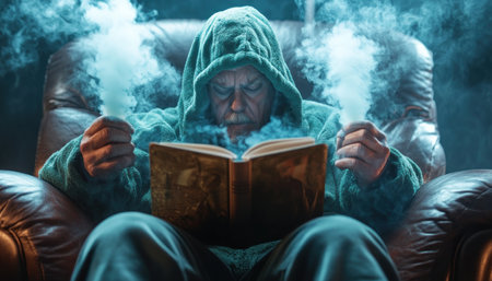 This image portrays a solitary figure in a hooded garment, seated in an armchair, with smoke rising from an open book It lacks couples, intimacy, or trust The individual is alone, focused on the book within an indoor, dramatically lit setting No romantic interaction or shared reading is present AI Generativeの素材