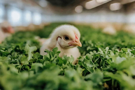 Witness sustainable farming in stunning detail This high-definition close-up showcases a chick amidst lush foliage, a testament to organic poultry practices Vibrant greenery and eco-conscious herding methods highlight the care and dedication present in this idyllic farm setting Every detail speaks volumes about sustainable agriculture AI Generativeの素材