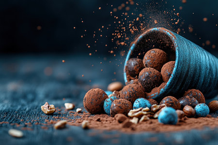 Handmade chocolate truffles, dusted with cocoa, sit invitingly on a rustic wooden table Their rich, dark color and textured, round forms showcase artisanal skill These decadent treats are perfect for special occasions or a personal indulgence, promising a delightful experience with every bite AI Generativeの素材