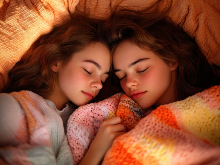 Two figures sleep soundly, cocooned in a vibrant knit blanket of oranges and pinks, radiating warmth and intimacy The image captures a moment of serene closeness, the focus on the blanket and sleeping forms highlighting security and contentment within a loving embrace AI Generativeの素材