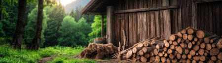 This image captures a weathered, rustic barn, a testament to traditional farming's rich history Nestled among lush trees, it evokes a bygone era, with logs and tools hinting at hard work and simple living It celebrates the enduring spirit of agricultural heritage and equipment AI Generativeの素材