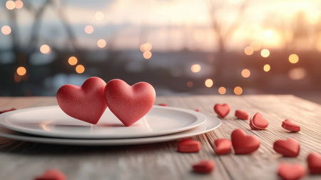 A romantic Valentine's Day dinner unfolds with an elegant table, heart decorations, and soft candlelight, creating a warm, sophisticated, and enchanting atmosphere Perfect for celebrating love, this intimate setting embodies elegance and romance Ideal imagery for Valentine's Day, encompassing dinner, elegant moments, and heart decorations AI Generativeの素材