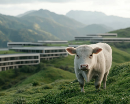 Discover how cutting-edge tech is revolutionizing livestock farms for a sustainable future Witness innovative strategies merging ecological balance with efficient management and responsible land use Futuristic farm buildings showcase livestock adapting to a new era, securing our food supply while promoting a healthy planet AI Generativeの素材