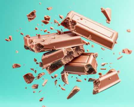 Experience modern chocolate artistry with this high-resolution image Vibrant, contemporary milk chocolate pieces are arranged in a dynamic composition, perfect for blogs, websites, and commercial use Clean lines and captivating colors make this dessert photography visually appealing and ready to enhance your creative projects AI Generativeの素材