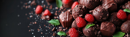 Savor exquisite handmade chocolate truffles, a gourmet delight of rich dark chocolate, fresh raspberries, and fragrant mint Wrapped in vibrant, eco-friendly packaging, they offer a sustainable, premium brand experience Perfect for gifting or personal indulgence, these artisan truffles showcase quality, ethical sourcing, and artistry in every bite AI Generativeの素材