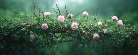This high-contrast artwork showcases thorny roses against a dark backdrop, emphasizing their delicate pink blooms Shadowy foliage and prominent thorns add texture, creating a captivating and dramatic scene Muted hues and soft lighting highlight nature's delicate yet wild essence in this powerful composition AI Generativeの素材