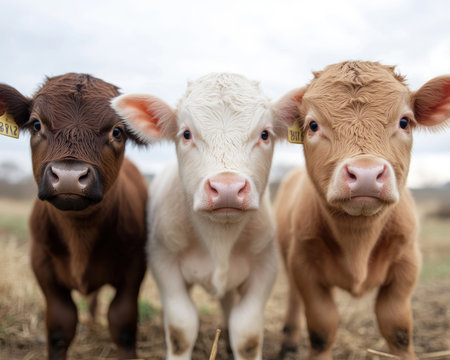 Witness sustainable livestock farming with these cute calves! This image demonstrates climate-smart agriculture, showcasing responsible methods to reduce environmental impact and ensure a healthier planet See how modern solutions contribute to a climate-friendly future, highlighting the vital role of livestock in sustainable agriculture AI Generativeの素材
