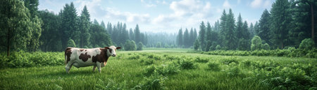 Witness sustainable agriculture: rotational livestock grazing alongside diverse vegetation This vibrant image highlights how this method boosts soil health and biodiversity Experience the harmony between nature and farming, fostering a resilient, balanced system Learn about pasture management's impact on ecosystems AI Generativeの素材