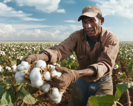 Immerse yourself in vast cotton fields beneath clear skies, where skilled hands harvest the fluffy crop Witness the beauty of organic textiles being carefully gathered using traditional methods This image captures the labor behind soft, sustainable fabrics, from field to finished textile Experience the complete journey of textile production AI Generativeの素材
