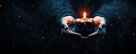 Cupped hands tenderly hold a burning candle, a beacon of devotion against darkness The gentle light embodies tranquility, hope, love, and bliss A simple, caring gift, this image represents a meaningful offering of kindness and serenity, containing the essence of light itself AI Generativeの素材