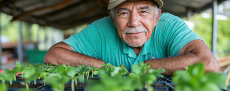 In a sunlit greenhouse, a devoted farmer nurtures young seedlings, employing innovative methods for cash crop growth The image embodies seed innovation and sustainable farming, with the farmer's hands representing the future of agriculture The focus on seed selection for high yields highlights growth and promise in modern farming practices AI Generativeの素材