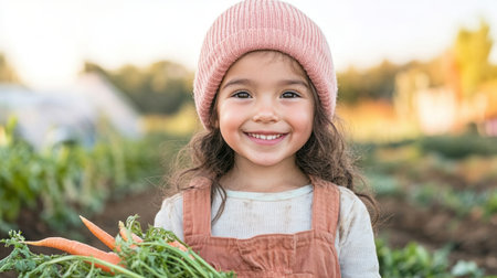 A young child beams, holding freshly harvested, organic produce in a sunlit field This heartwarming image captures innocence, health, and sustainable farming It embodies cash crops, farm-to-table, and agricultural inspiration, perfect for wellness, family, and sustainability content Let this vision awaken your inner farmer AI Generativeの素材