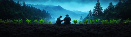 A farmer tenderly cultivates young seedlings in rich soil, shaded by a biodiverse canopy This captivating image embodies sustainable agriculture, highlighting the delicate planting techniques It showcases the farmer's dedication and the symbiotic relationship between growth and nature The scene emphasizes how nurturing the soil fosters long-term, harmonious growth AI Generativeの素材