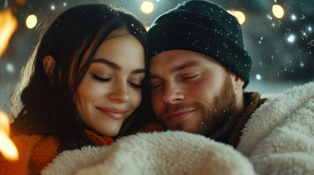 A couple shares a magical stargazing moment, wrapped in a cozy blanket, radiating love and serenity This image captures the essence of connection and support, perfect for projects emphasizing romance, winter nights, and intimacy It evokes peace, contentment, and tender affection, showcasing the beauty of shared moments and celestial wonder AI Generativeの素材