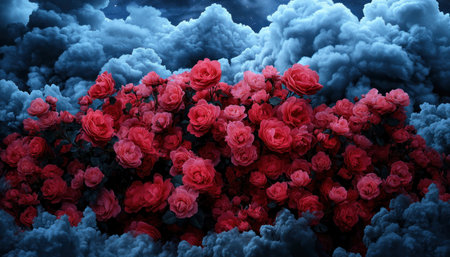 Ethereal red roses bloom against a soft, blurred backdrop, their elegance and fragrance palpable Perfect for wallpapers or romantic projects, this vibrant floral art evokes love and grace Dreamy clouds add depth, creating a stunning visual with textured allure Use as a background or accent image AI Generativeの素材