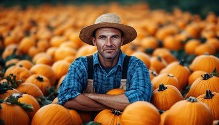 A content farmer, adorned in seasonal attire, smiles amidst a pumpkin bounty, epitomizing autumn's harvest This portrait of rural farming celebrates agricultural abundance, a visual testament to tradition, hard work, and the joy of the season It's a festive, traditional scene showcasing the beauty of farm life AI Generativeの素材