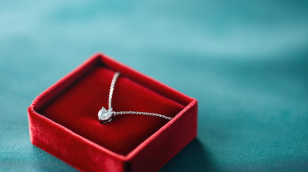 Unveil romance with this opulent red velvet box cradling a diamond necklace on silk A Valentine's or anniversary treasure, it embodies intimacy and sophistication This exquisite jewelry set, crafted for refined tastes, promises a heartfelt and memorable surprise, showcasing your love with unparalleled elegance AI Generativeの素材