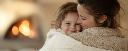 This image captures a tender moment of familial love A mother and child share a warm embrace by a fireplace, radiating pure affection and tranquility Soft lighting enhances the cozy scene, evoking a sense of peace and comfort Feel the powerful connection within this intimate, heartwarming depiction AI Generativeの素材