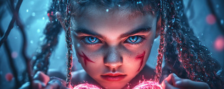 A digital artwork depicts a child with braided hair and piercing blue eyes She holds glowing red orbs, like Cupid's arrows, against a mystical background Painted red markings under her eyes enhance the fantasy and emotional depth of the scene, portraying passion with an intriguing, ethereal feel AI Generativeの素材
