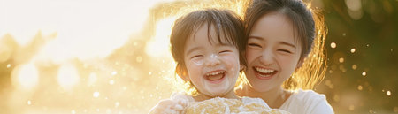 A parent and child, noses dusted with flour, bake cookies in golden sunlight This heartwarming scene captures sweet memories, family love, and playful joy It portrays a parent teaching their child the joys of baking, a precious moment of bonding and shared happiness AI Generativeの素材
