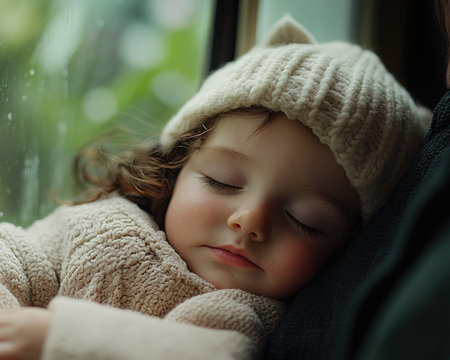 A child sleeps peacefully on a parent's lap, bathed in soft train window light This tender image captures a sweet, warm memory The gentle slumber evokes peace and comfort, transforming a train journey into a cradle of love It's a timeless moment of pure, serene connection AI Generativeの素材