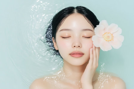 A woman finds serenity, gently touching a flower to her cheek This image radiates self-care and tranquility, inspiring relaxation and well-being It promotes self-love and connection to nature's beauty Find peace in this calming visual and embrace a moment of harmony AI Generativeの素材