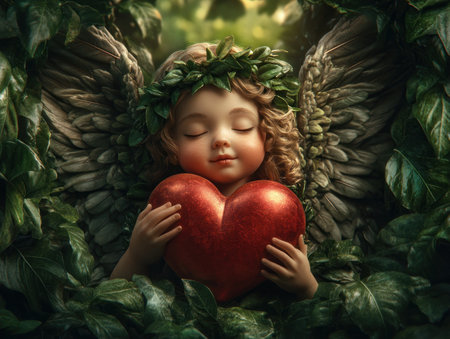 Celebrate Valentine's Day with Cupid! He stands gracefully with his arrows atop a glowing heart, embodying love and romance Perfect for cards and decorations, this charming scene radiates warmth and connection, embracing the spirit of the holiday Share the joy with this iconic image AI Generativeの素材