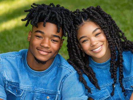 A casual couple, effortlessly cool in matching denim, basks in a sunny park day Their candid moment captures youthful affection and laid-back style Genuine smiles and a natural connection showcase modern romance, embodying the joy of shared experiences Perfect for lifestyle, fashion, and relationship content AI Generativeの素材
