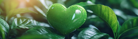 A vibrant green heart, like Cupid's arrow, pierces a radiant heart amidst lush foliage This image symbolizes life, love, and growth, capturing natural beauty and deep emotion Perfect for projects conveying connection, health, or environmental themes, it evokes renewal and harmony Explore this captivating image AI Generativeの素材