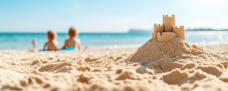 A sun-drenched beach scene unfolds as a family builds a sandcastle Siblings collaborate, their childhood joy evident Golden memories are forged in this seaside adventure, a snapshot of relaxed, sunny days It's a precious glimpse of creativity and family fun, encapsulating timeless moments AI Generativeの素材