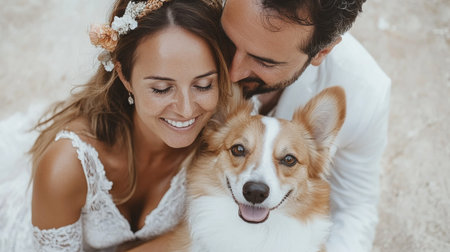 This heartwarming engagement photo captures love and connection The happy couple poses with their adorable dog in a peaceful park, showcasing their bond and the precious role their furry friend plays Their palpable joy radiates, celebrating love and companionship with their special family member AI Generativeの素材