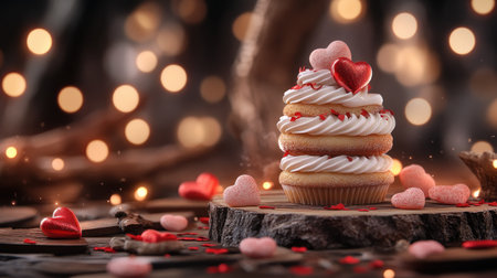 Celebrate love with heart-shaped pastries and cupcakes, perfectly styled for Valentine's Day Soft, glowing lights create a magical, warm atmosphere These delicious treats, ideal for sharing, express affection through charming designs Delicate heart shapes adorn the sweets against a bokeh background, illuminated with sparkling lights A truly romantic display AI Generativeの素材