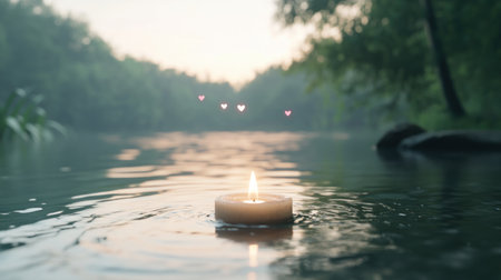 Candlelight illuminates an intimate note exchange by a calm river Hearts float above as love's essence unfolds This magical scene, a visual poem of affection, features gentle glows symbolizing a profound connection Serene trees frame the tableau, where words transcend the ordinary, revealing the power of love in every detail AI Generativeの素材