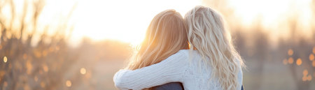 Evoke warmth and nostalgia with this golden-hour park scene of two lifelong friends embracing A heartfelt hug captures their deep connection as they reminisce, radiating affection and the timeless beauty of friendship Perfect for projects needing genuine emotion, cherished memories, and lasting bonds AI Generativeの素材