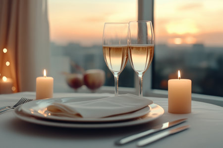 Immerse yourself in a romantic dinner scene captured through stunning photography Candlelight dances on a meticulously set table, highlighting fine dining ware Affection and harmony radiate from this intimate setting, enhanced by the gentle glow and a breathtaking sunset Emotion is palpable, creating a serene ambiance that embodies quiet connection AI Generativeの素材