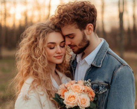 A golden hour couple photo captures the essence of romance, evoking a nostalgic Valentine's Day memory Gentle hues of love and a rose bouquet enhance the tenderness This picturesque moment, symbolizing a romantic sunset stroll, radiates warmth and affection, a timeless portrayal of love and tenderness AI Generativeの素材