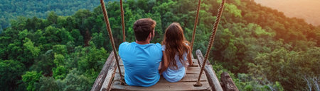 This image captures a carefree outdoor lifestyle with a couple laughing on a wooden swing in a lush forest It's a whimsical, romantic moment surrounded by green trees, perfect for lifestyle, travel, or nature content The scene exudes joy and tranquility, inviting viewers to embrace the simple pleasures of life AI Generativeの素材