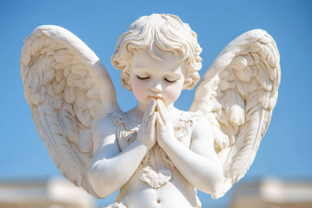 Evoke romance with a cherubic Cupid statue, golden wings aglow and heart radiant with passion This angelic depiction embodies eternal love, hope, and spiritual connection Ideal for Valentine's, weddings, or art celebrating deep affection Its heavenly wings showcase the magic of love AI Generativeの素材