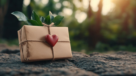 This Valentine's Day gift box, featuring a red heart and rustic backdrop, embodies simple elegance and heartfelt romance The natural presentation inspires homemade gifts and creative packaging This image is perfect for sparking ideas for unique presents that truly speak from the heart AI Generativeの素材