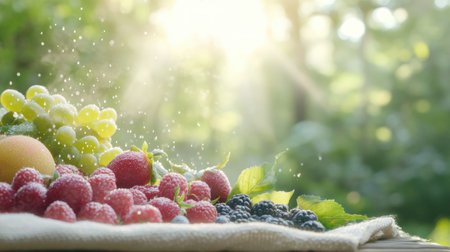 Immerse yourself in a joyful picnic scene, bursting with color from vibrant blankets and fresh fruit Sweet strawberries, grapes, and blackberries enhance the summer delight Feel the warmth of the sun and create happy memories in nature's embrace Experience pure happiness and cherish these sweet moments of relaxation and connection AI Generativeの素材